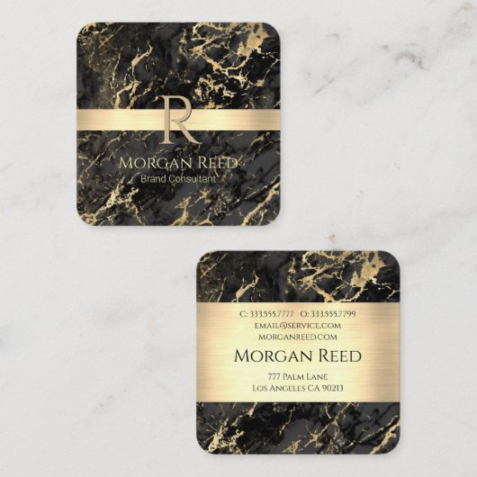 金ゴールド&ブラック大理石、金ゴールドバー、名前モノグラム情報 スクエア名刺 (正面/裏面)