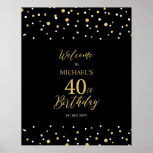 金ゴールド&ブラック紙吹雪40th誕生日パーティーへようこそ ポスター