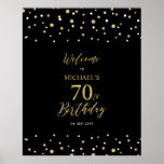 金ゴールド&ブラック紙吹雪70th Birthday Party Welcome ポスター<br><div class="desc">この金ゴールドと黒のウェルカムサインで特別なお祝いの日スタイリッシュにゲストを歓迎。このサインはモダンタイポグラフィ「70誕生日へようこそ」と六角形紙吹雪デザインを特徴とする。名前カスタマイズと日付を指定できる。マッチング招待状とパーティー用品は私のショップBaraBomDesignで利用可能。</div>