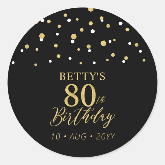 金ゴールド&ブラック紙吹雪80thバースデーパーティーのお願い ラウンドシール (正面)