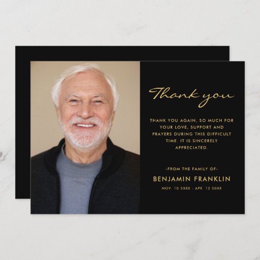 金ゴールド&ブラック記念悔やみや弔慰葬儀写真 サンキューカード (正面/裏面)