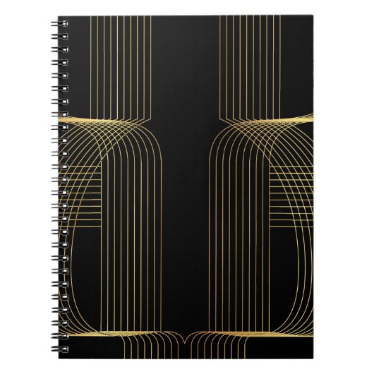 金ゴールド、ブラック、エレガント、カッコいいトレンディーユニークラインアート ノートブック (正面)