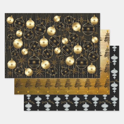 金ゴールド、ブラック、グレーの洗練されたクリスマス ラッピングペーパーシート (セット)
