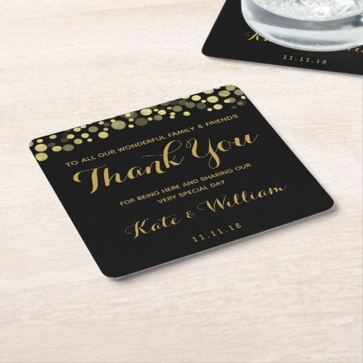 金ゴールド&ブラックTHANK YOU COASTER パーソナライズされた スクエアペーパーコースター (アングル)