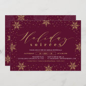金ゴールド&ブルグンディ企業のホリデーソイリーパーティー 招待状 (正面/裏面)