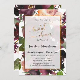 金ゴールド&ブルゴーニュフローラウォーターカラーブライダルシャワー 招待状