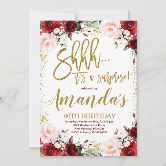 金ゴールド&ブルゴーニュフローラサプライズ誕生日パーティー 招待状 (正面)