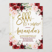 金ゴールド&ブルゴーニュフローラサプライズ誕生日パーティー 招待状 (正面/裏面)