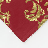 金ゴールド&ブルゴーニュヴィンテージフローラオーナメントパターン フリースブランケット (角)