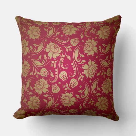 金ゴールド&ブルゴーニュ赤フローラダマスパターン クッション (正面)