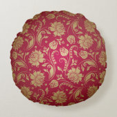 金ゴールド&ブルゴーニュ赤フローラダマスパターン ラウンドクッション (正面)