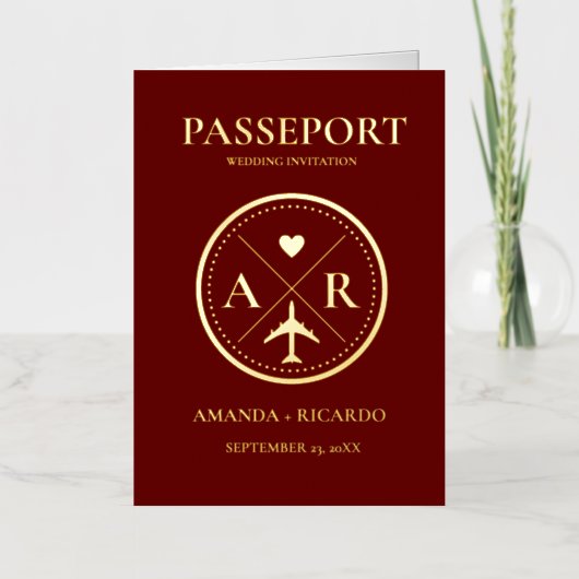 金ゴールド&ブルゴーニュPassportフォト結婚式招待状 箔グリーティングカード (正面)