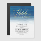 金ゴールド&ブルーウォーターカラーサプライズ誕生日 マグネット招待状 (正面/裏面)