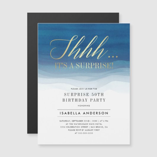 金ゴールド&ブルーウォーターカラーサプライズ誕生日 マグネット招待状 (正面/裏面)