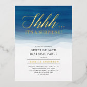 金ゴールド&ブルーウォーターカラーサプライズ誕生日 箔招待状ポストカード (正面)