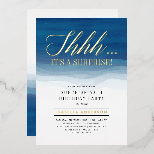 金ゴールド&ブルーウォーターカラーサプライズ誕生日 箔招待状 (正面/裏面)