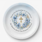 金ゴールド&ブルーウォーターカラーフローラボーイバプテスマ ペーパープレート (正面)