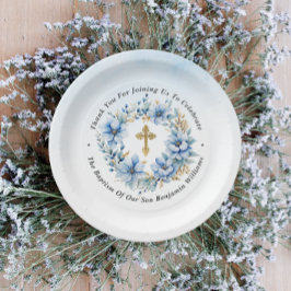 金ゴールド&ブルーウォーターカラーフローラボーイバプテスマ ペーパープレート