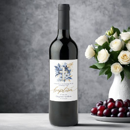 金ゴールド&ブルーウォーターカラーフローラボーイバプテスマ ワインラベル