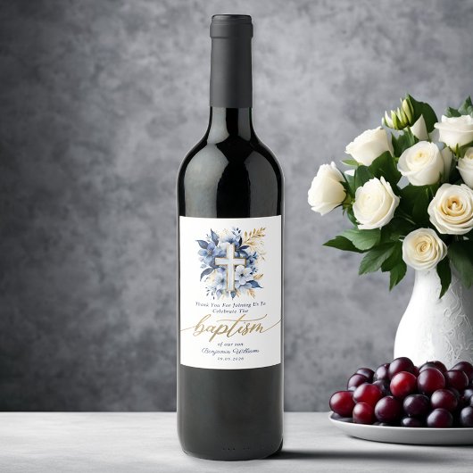 金ゴールド&ブルーウォーターカラーフローラボーイバプテスマ ワインラベル