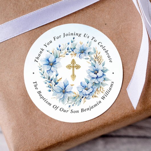 金ゴールド&ブルーウォーター色フローラバプテスマありがとう ラウンドシール