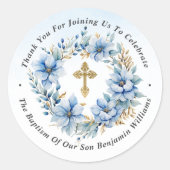 金ゴールド&ブルーウォーター色フローラバプテスマありがとう ラウンドシール (正面)