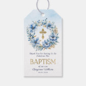 金ゴールド&ブルーウォーター色フローラフォトボーイバプテスマ ギフトタグ (正面)