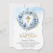 金ゴールド&ブルーウォーター色フローラフォトボーイバプテスマ 招待状 (正面)