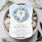 金ゴールド&ブルーウォーター色フローラフォトボーイバプテスマ 招待状