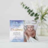 金ゴールド&ブルーウォーター《キリスト教》洗礼式や命名式写真ありがとう ポストカード (スタンド正面)