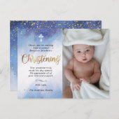 金ゴールド&ブルーウォーター《キリスト教》洗礼式や命名式写真ありがとう ポストカード (正面/裏面)