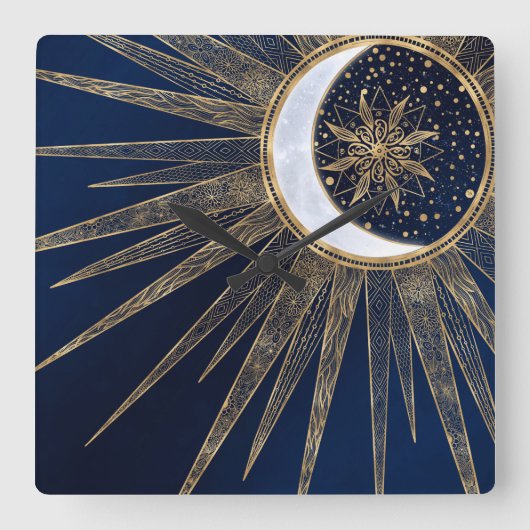 金ゴールド&ブルーエレガントサンムーンマンダラドゥードルズアート スクエア壁時計 (正面)