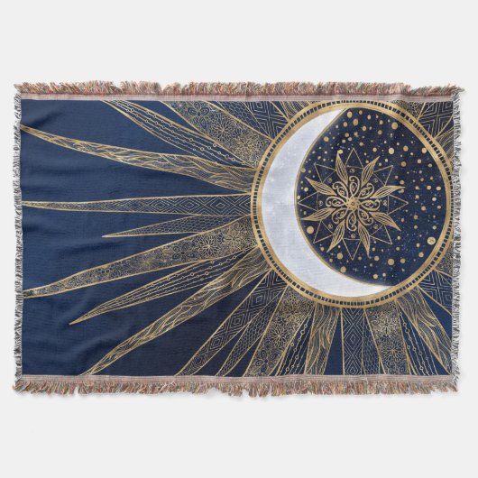 金ゴールド&ブルーエレガントサンムーンマンダラドゥードルズアート スローブランケット (正面)