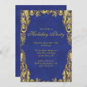 金ゴールド&ブルークリスマスホリデーパーティ招待状 招待状 (正面/裏面)