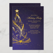 金ゴールド&ブルークリスモダンマスホリデーパーティー 招待状 (正面/裏面)