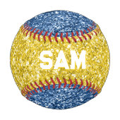 金ゴールド&ブルーグリッタースはっきりしたポーツモノグラム 野球ボール (正面)