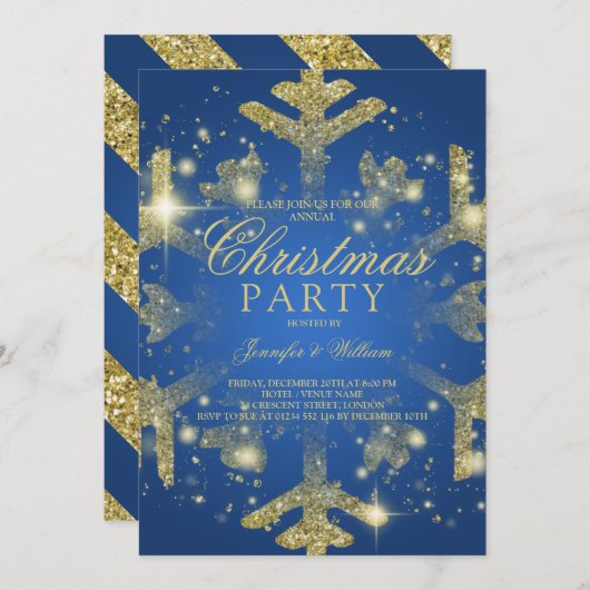 金ゴールド&ブルーグリッタースノーフレーククリスマスホリデーパーティ 招待状 (正面/裏面)