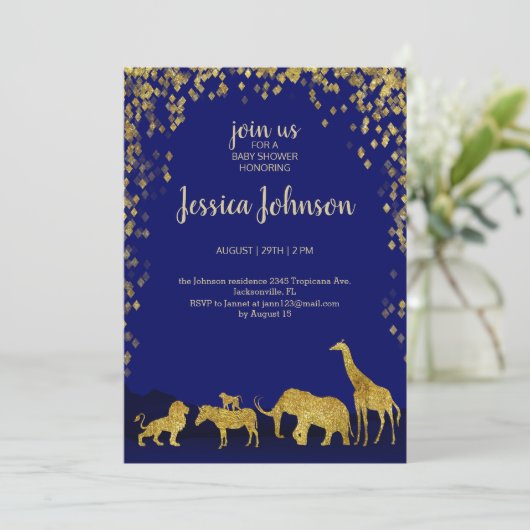 金ゴールド&ブルーサファリベビーシャワー招待状 招待状 (スタンド正面)