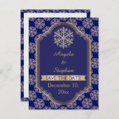 金ゴールド、ブルースノーフレーク&フレームウェディング日付を保存 案内ポストカード (正面/裏面)