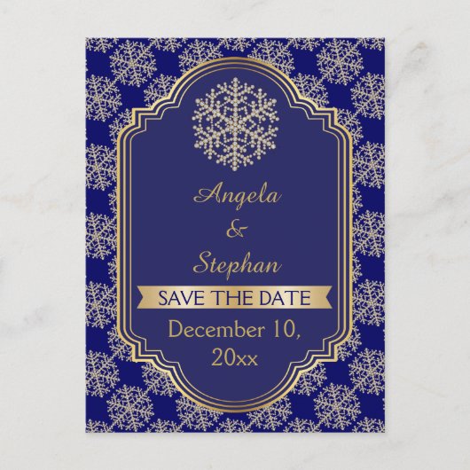 金ゴールド、ブルースノーフレーク&フレームウェディング日付を保存 案内ポストカード (正面)