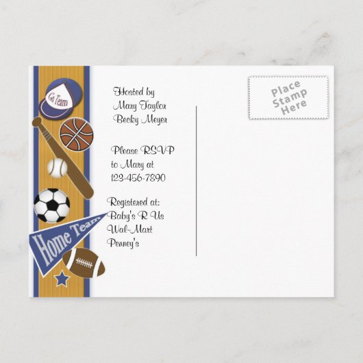 金ゴールド&ブルースポーツベビーシャワーはがき招待状 インビテーションポストカード (裏面)
