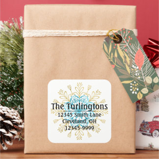 金ゴールド&ブルーハンドメイドスノーフレーク差出人住所 スクエアシール