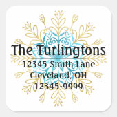 金ゴールド&ブルーハンドメイドスノーフレーク差出人住所 スクエアシール (正面)