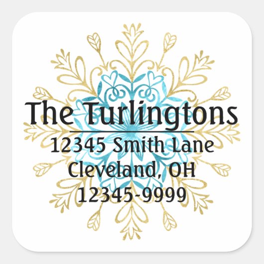 金ゴールド&ブルーハンドメイドスノーフレーク差出人住所 スクエアシール (正面)