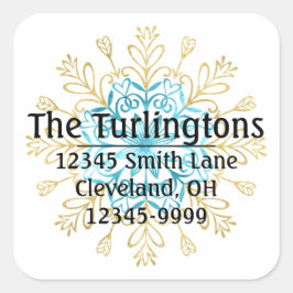 金ゴールド&ブルーハンドメイドスノーフレーク差出人住所 スクエアシール