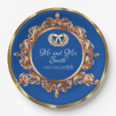 金ゴールド・ブルーパーソナライズされたウェディングパーティー ペーパープレート (正面)
