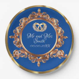 金ゴールド・ブルーパーソナライズされたウェディングパーティー ペーパープレート