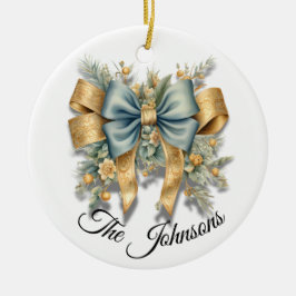 金ゴールド&ブルーフェスティバルボウデザインカスタム- セラミックオーナメント