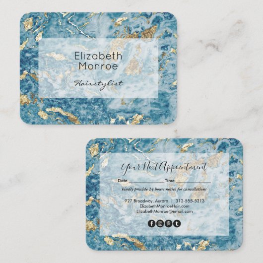 金ゴールド&ブルーマーブル美容師サロンメイクアップ 予約カード (正面/裏面)