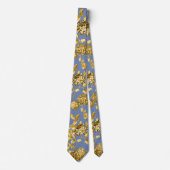 金ゴールド&ブルーモダンヴィンテージ植物フローラトイール ネクタイ (正面)